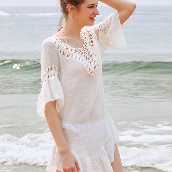 👙HP 6-28-18💞CROCHET INSERT POM POM COVER UP OSFM - Picture 2 of 3